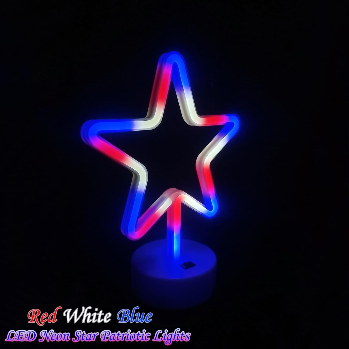 Summer Star Neon Lights – Red, White, and Blue LED Star Sign with Holder Base, USB or Battery Powered Table Light for Bedroom, Home Decor, and Summer Gatherings