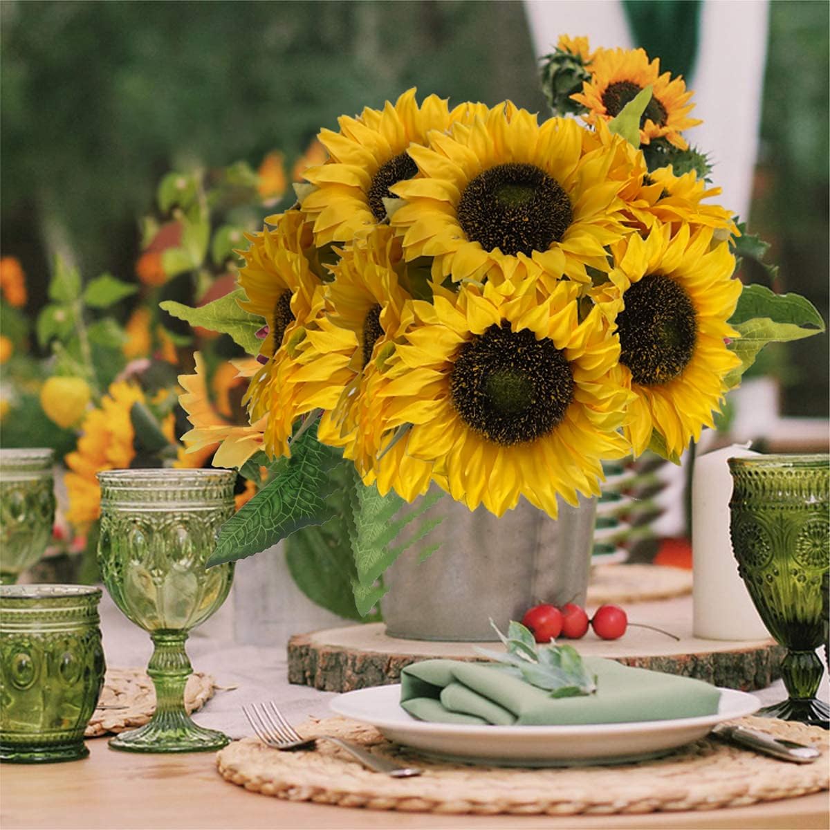 Summer Floral Arrangement - 12PCS Artificial Sunflowers with Stems, Silk Yellow Flowers for Home Decor, Party, and Bulk Decorations