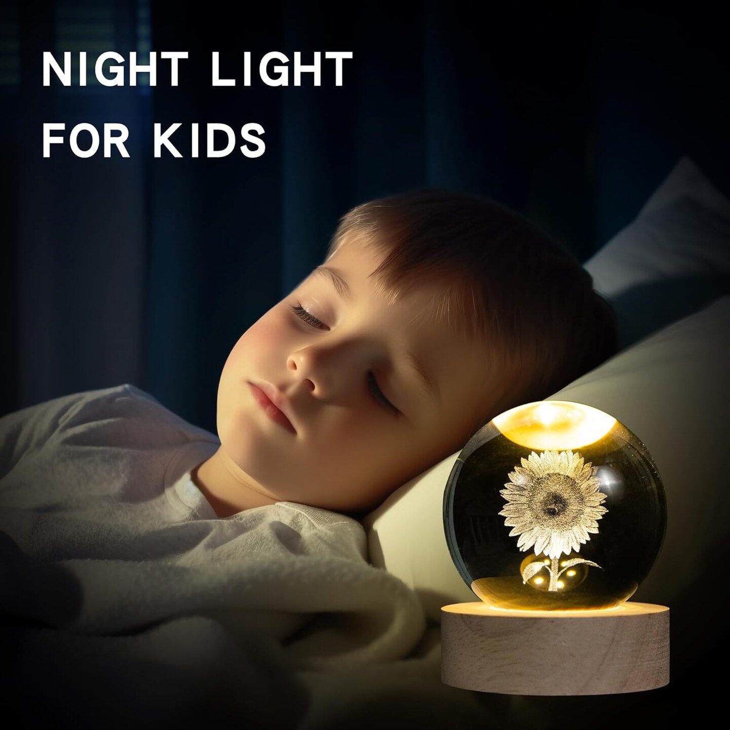 &#x22;Summer Tabletop Decor: 3D Laser Etched Sunflower Crystal Ball with Stand &#x2013; 60mm Glass Sphere Lamp, Night Light, Sunflower Figurine, Glass Paperweight for Bright Seasonal Displays&#x22;
