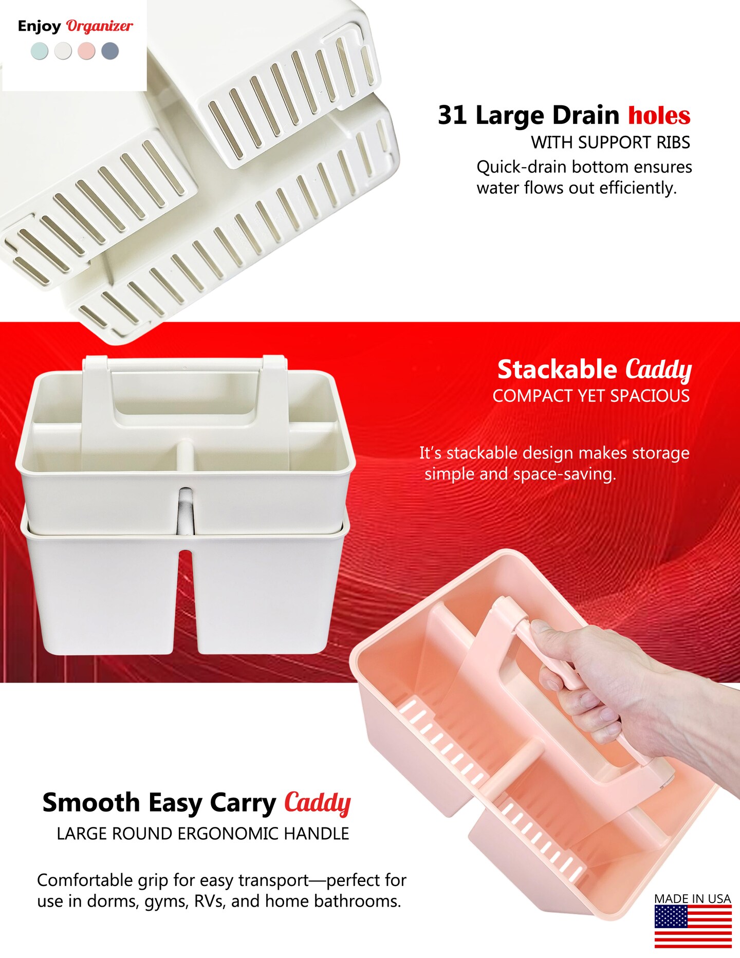 Enjoy Organizer | Shower Caddy Organizer with Handle, 3 Compartments, Portable Storage Bin for Bathroom, Dorm, Gym -Made In USA