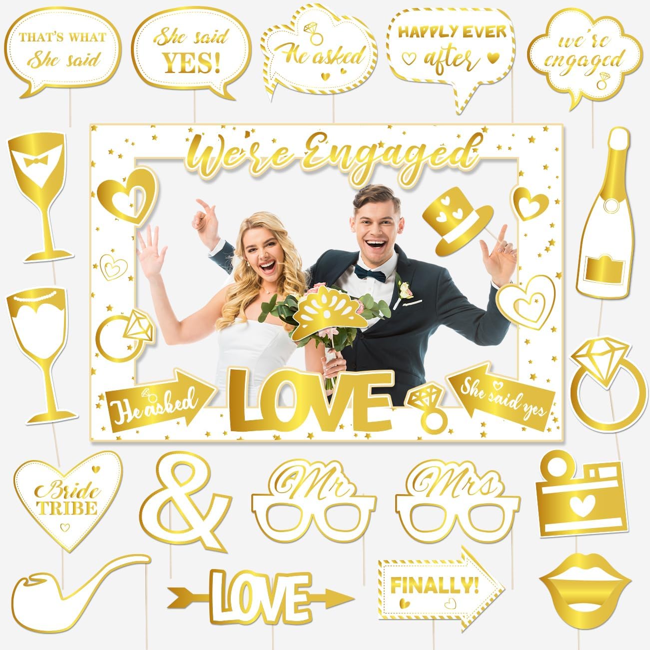 Engagement Party Decorations - Gold Engagement Photo Booth Props &#x26; Frames - &#x27;She Said Yes&#x27; Decorations for Wedding Party Supplies