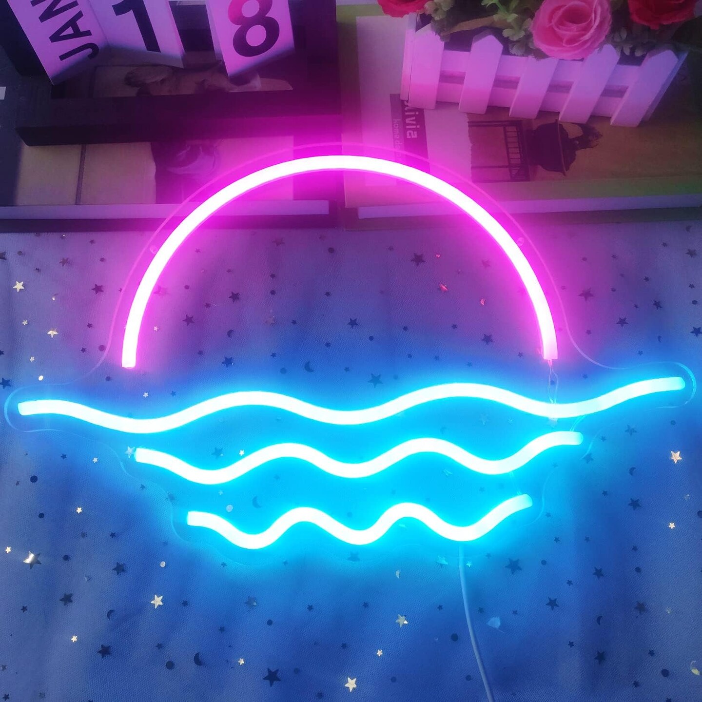 Summer Sunrise Sunset Neon Sign – Dimmable Wave LED Light for Tropical Bedroom & Bar Decor (Ice Blue & Pink, 15.6in)