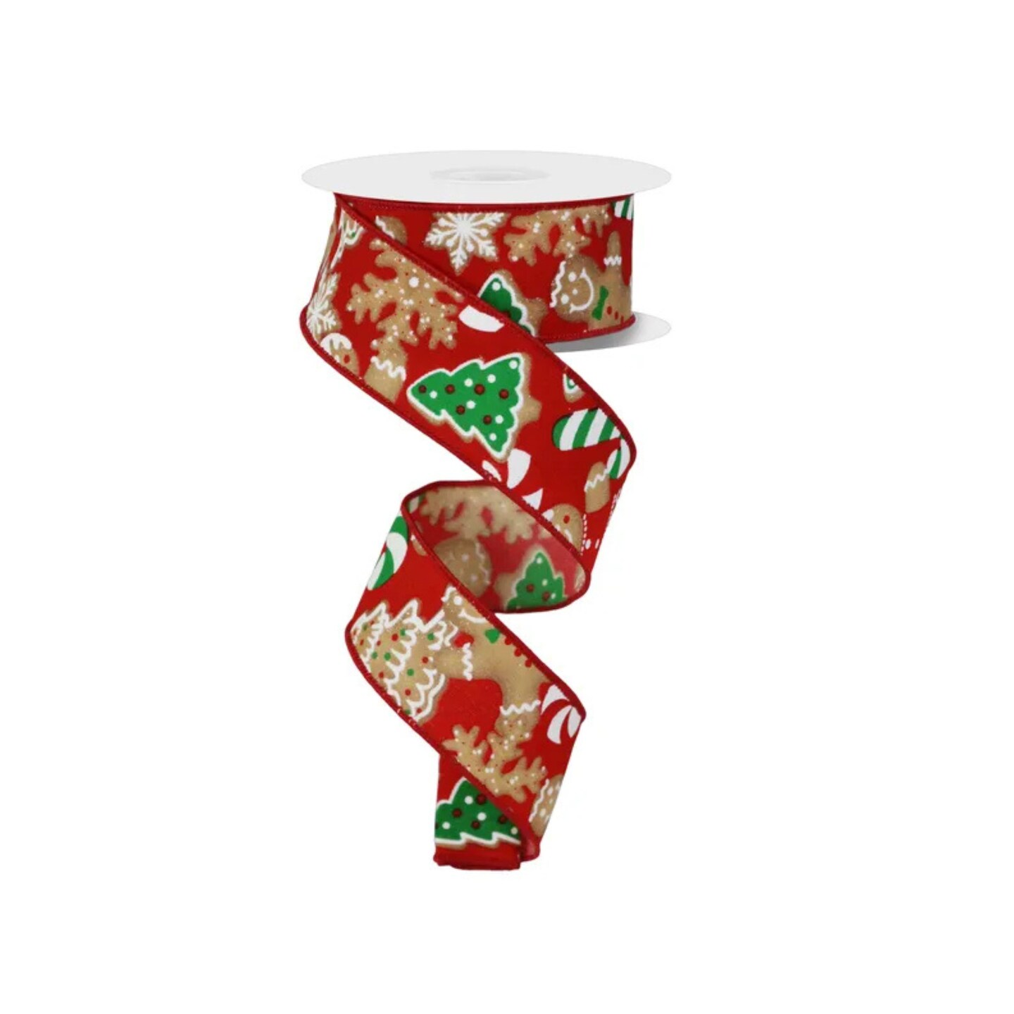 1.5&#x22;x10yd Gingerbread Cookies Christmas Wired Ribbon &#x2013; Red Holiday Ribbon for Wreaths &#x26; Bows-RGE188424