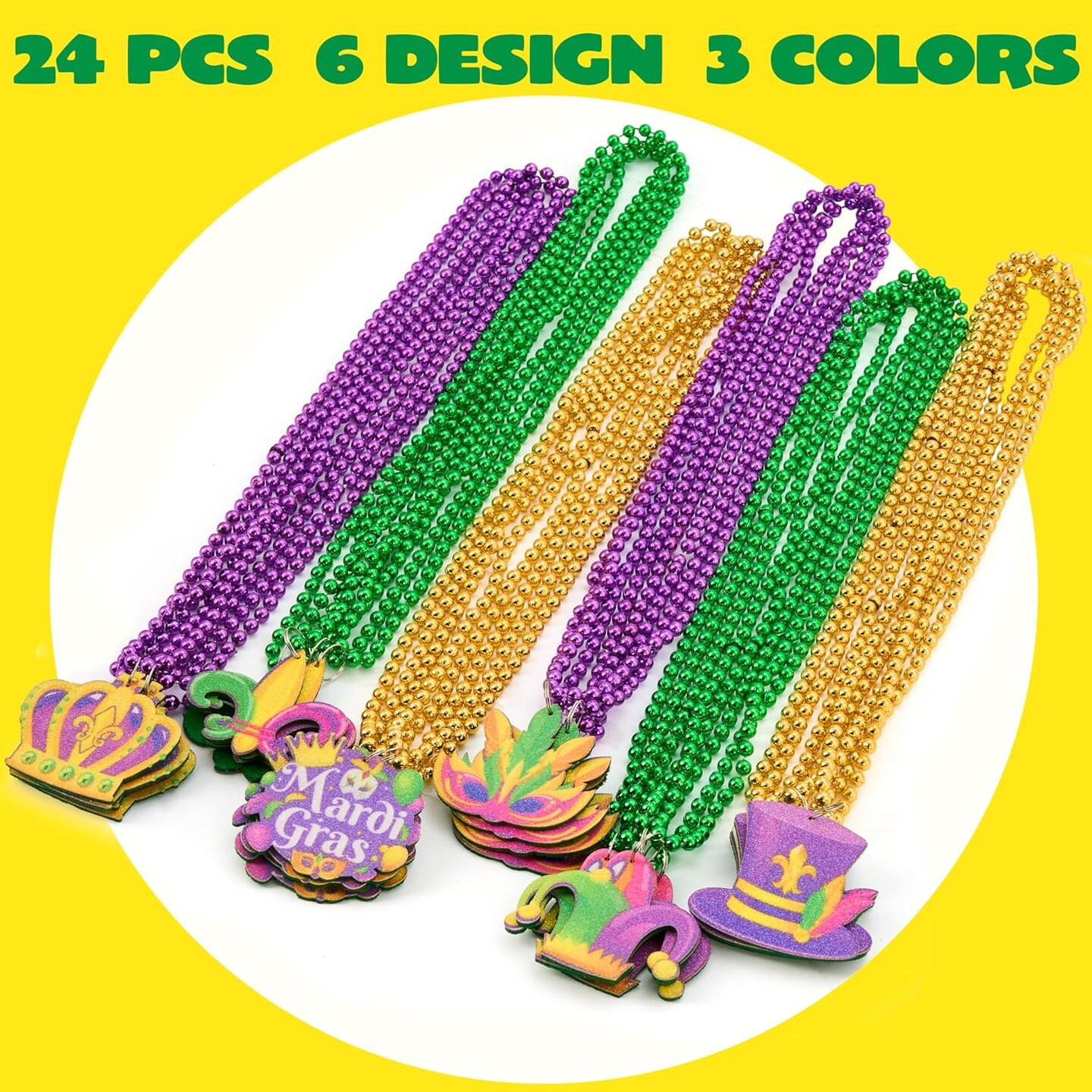 24 Pcs Mardi Gras Bead Necklaces with Pendant, 6 Designs Mardi Gras Necklaces, Gold Green Purple Beads Necklace Dress Up Costumes for Mardi Gras Party Decorations Supplies