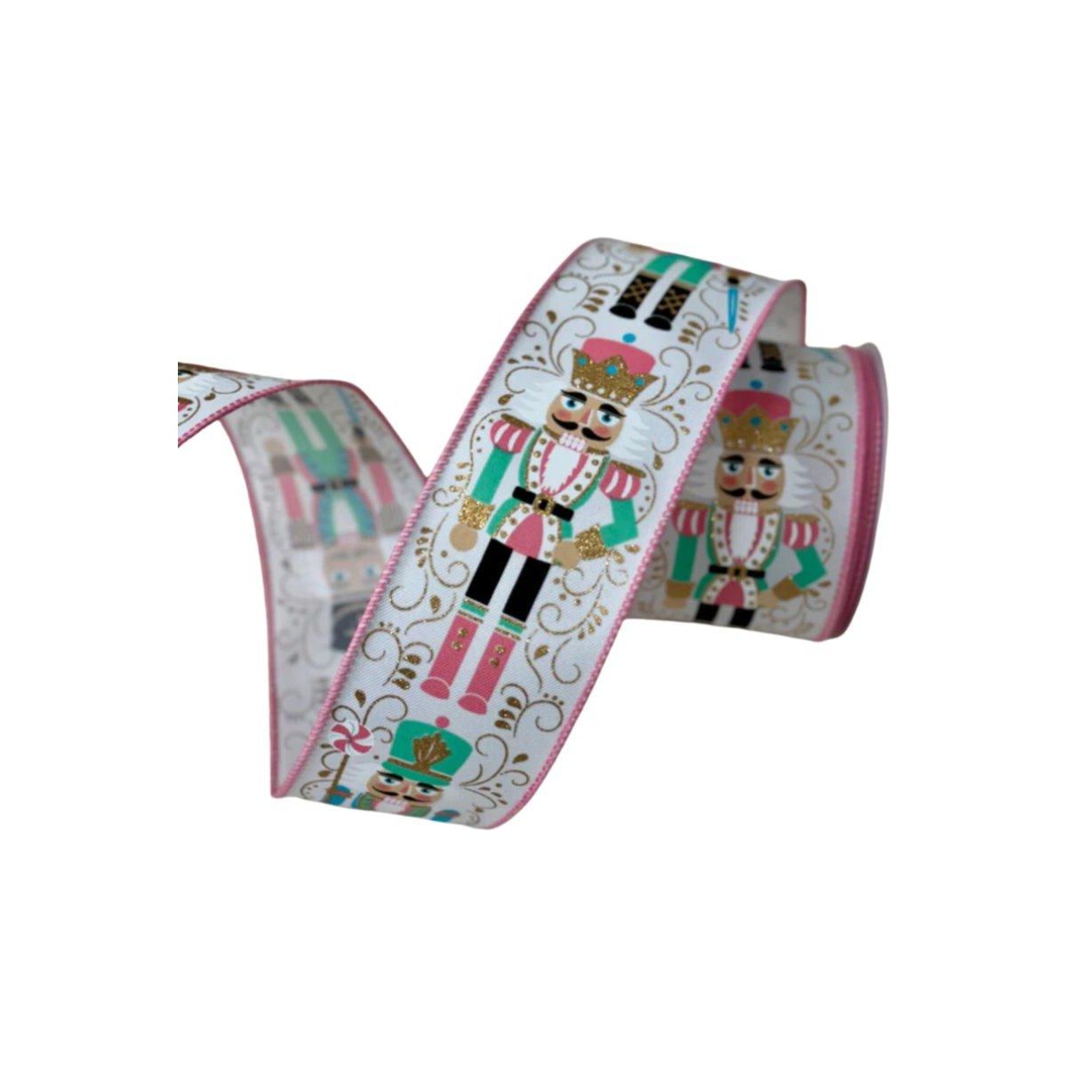 2.5&#x22; Nutcracker Ribbon: White/Pink (10 Yards)