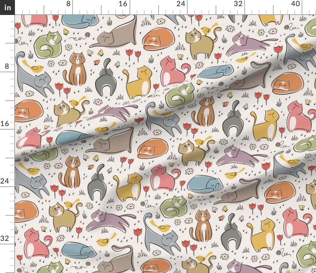 Various Fabrics by the Yard or Fat Quarter Cat Doodle Kitten Green Purple Orange Blue Flowers Muted Palette Gender Neutral Playful Custom Printed Fabric by Spoonflower