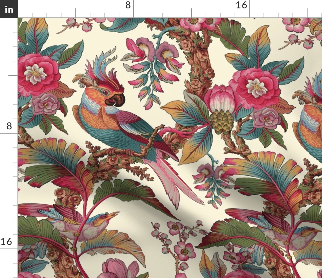 Exotic Birds Pink Botanical Tropical Flowers Summer Foliage Parrots Custom Printed Fabric by Spoonflower Various Fabrics by the Yard or Fat Quarter