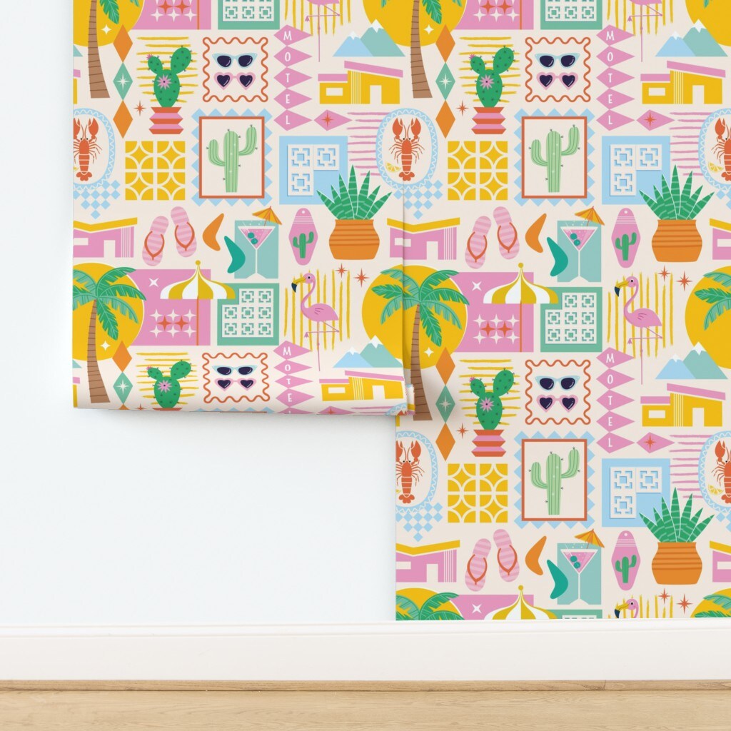 Retro Cactus Sunglasses Motel Palm Trees Crab Flip Flops Mid Century Diamonds Summer Custom Removable Wallpaper by Spoonflower Peel & Stick Wallpaper 2FT Wide