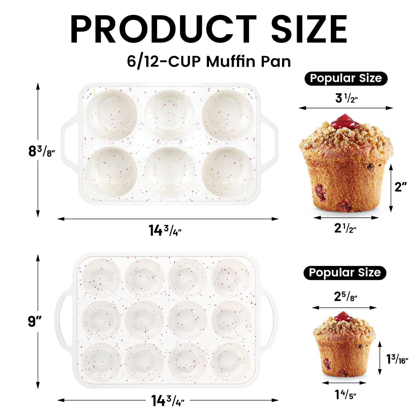 2Pack Silicone Muffin Pan for Baking with Metal Reinforced Frame, Regular 12 Cup and Jumbo 6 Cup Nonstick Cupcake Pan Set, BPA Free Silicone Muffin Tray Molds for Oven Dishwasher Safe