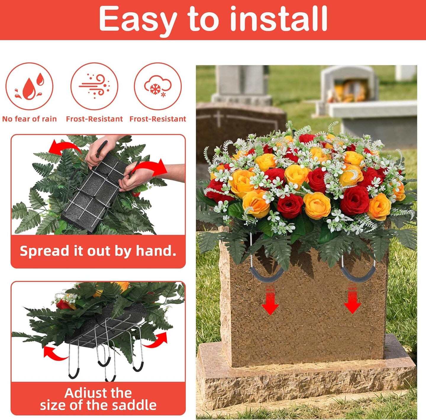 Artificial Cemetery Flower Saddles for Graves – 10 Pcs Silk Fern & 40 Realistic Rose Blossoms with Metal Headstone Holder –Resistant Memorial Flowers for Tombstone Decor (Red Yellow)