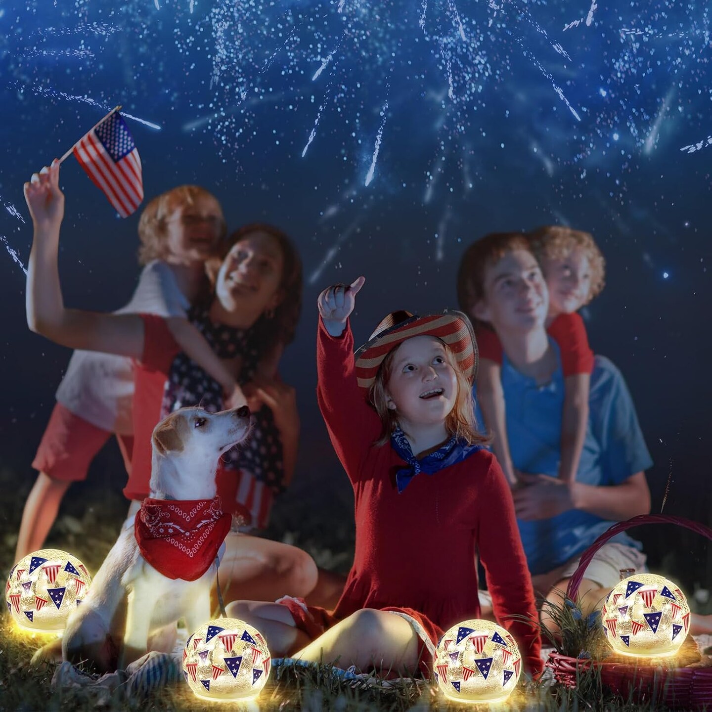 Independence Day -Crackle Glass Night Light Waterproof Battery Operated Glass Globe Ball Lamp
