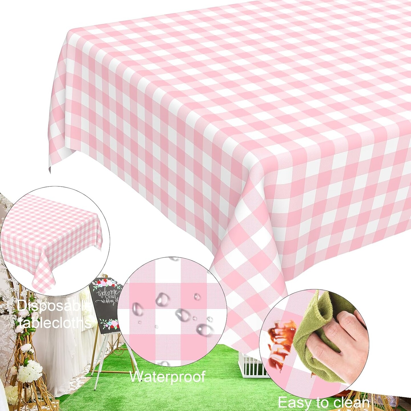 4 Pcs Pink Gingham Tablecloth, Disposable Plastic Pink Checkered Table Cloth, Pink & White Plaid Table Cover for Outdoor Picnic, Wedding, Baby & Bridal Shower, Birthday Party (54 x 108 Inch)