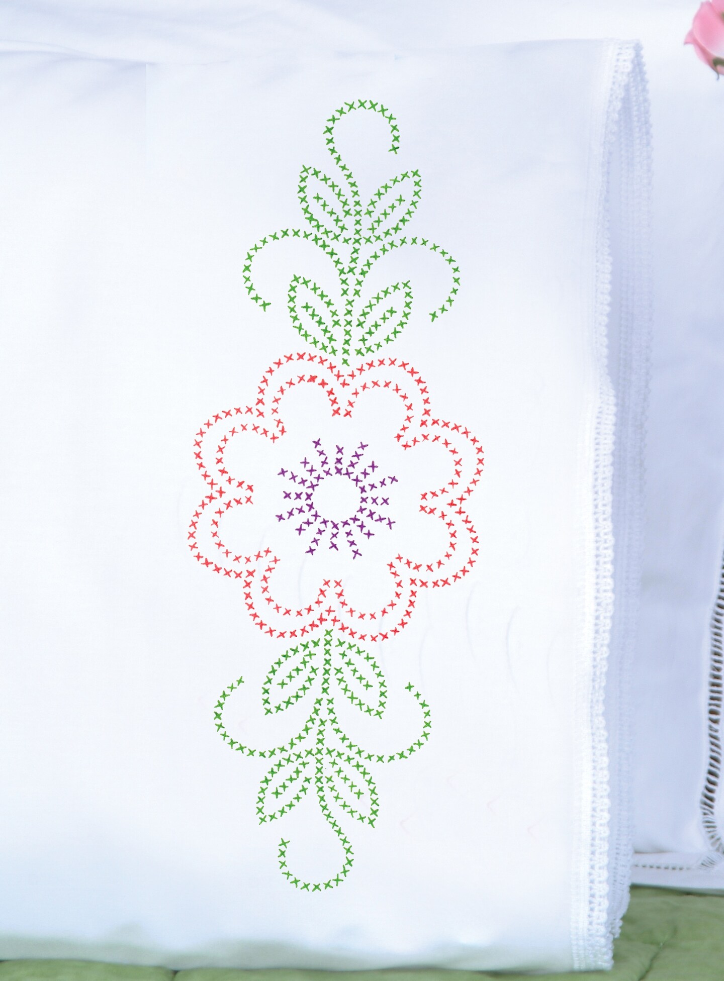 Jack Dempsey Stamped Pillowcases W/White Lace Edge 2/Pkg-Cross-Stitch Floral Design