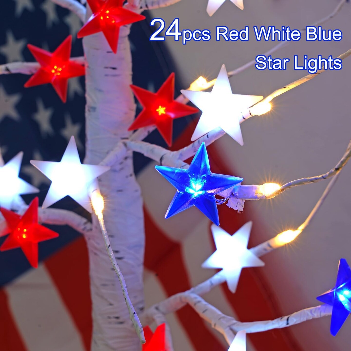 4th of July Decorations 25'' Light up Birch Tree with 24pcs Red White Blue Star Lights(48 LEDs )