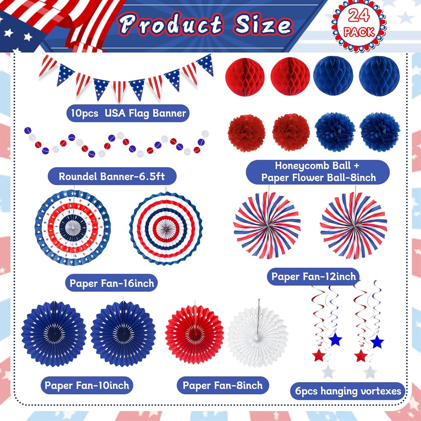24PCS Patriotic Decorations 4th of July Decorations Set Red White Blue Hanging