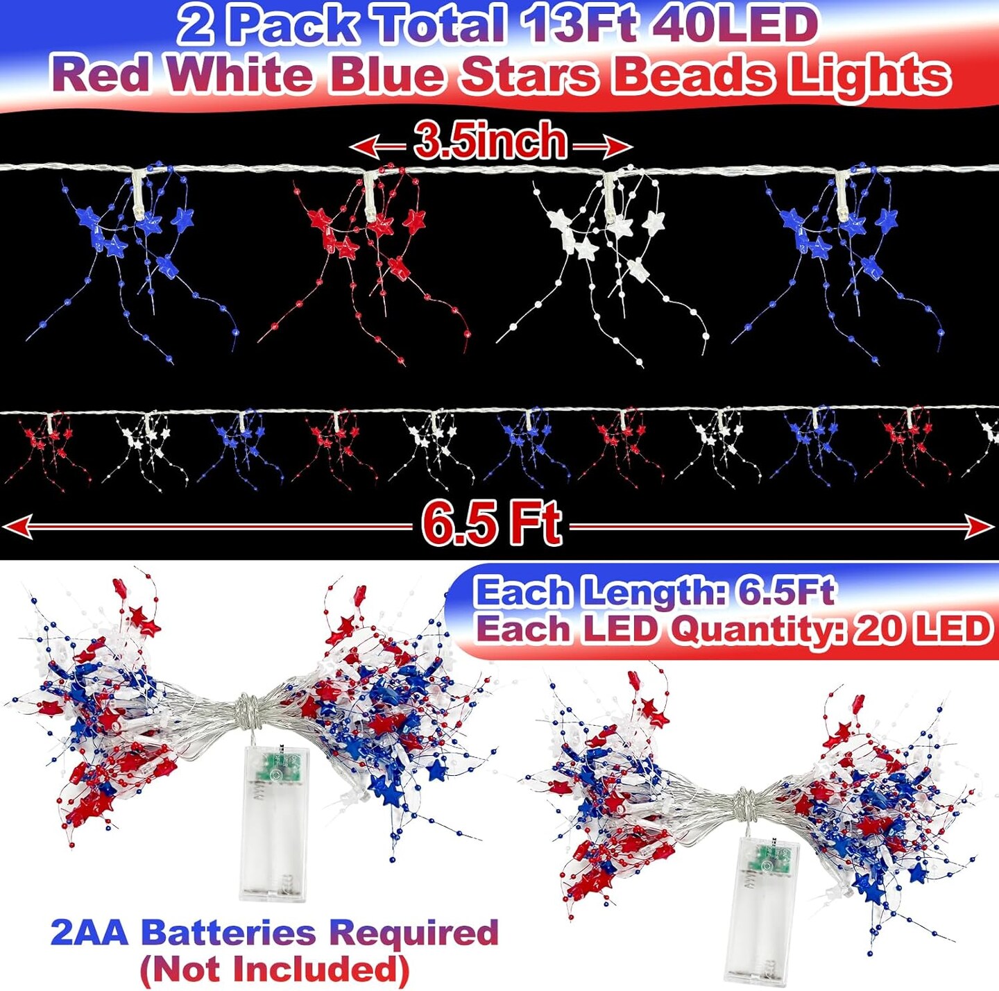 2-Pack 4th of July Patriotic LED String Lights – 13FT Red, White & Blue Star Garland, 40 LED Battery Operated Lights for Independence Day Home & Bedroom Decor