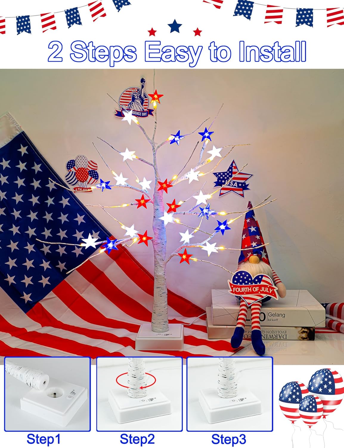 4th of July Decorations 25'' Light up Birch Tree with 24pcs Red White Blue Star Lights(48 LEDs )