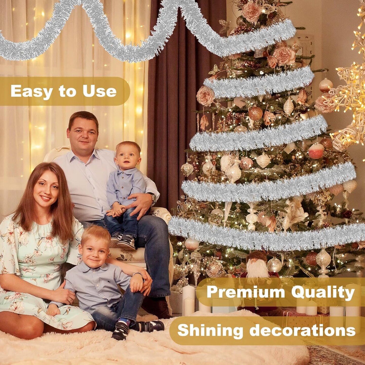 2in x 50ft - Silver Christmas Tinsel Garland Decorations(Silver)