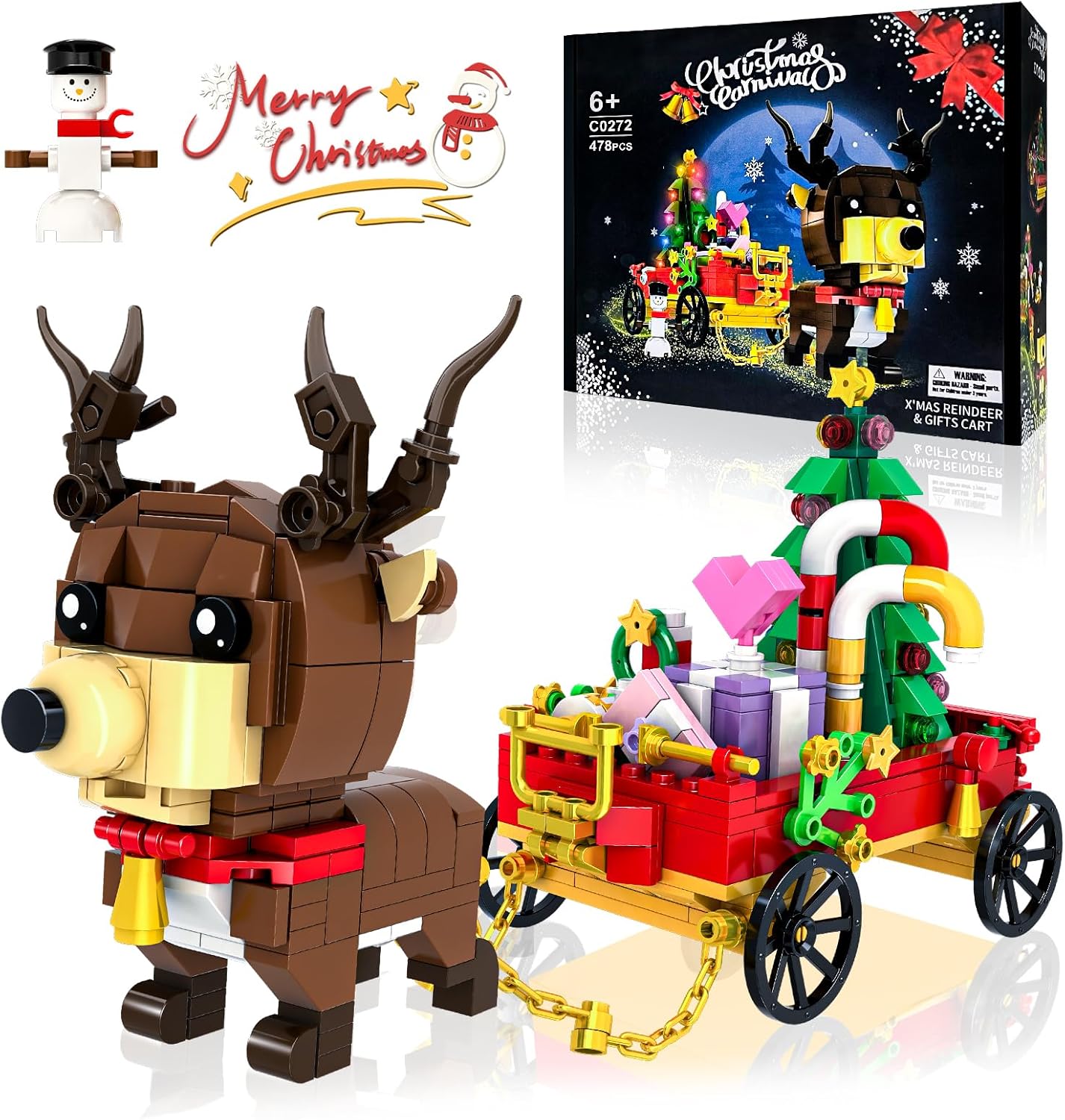Santa&#x27;s Christmas Reindeer Building Block Kit, Cart Building Sets Christmas Playset Building Toy Ornaments Ideal Gift for Kids Boys Girls 6-12 Years Old (478 PCS)