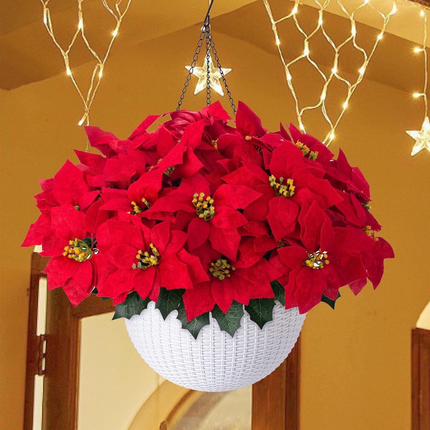 Artificial Fake Christmas Hanging Poinsettia Flowers Plants Basket for Outdoor Outside Winter Decoration, Faux Red Flower Realistic UV Resistant for Porch Patio Balcony Holiday Decor