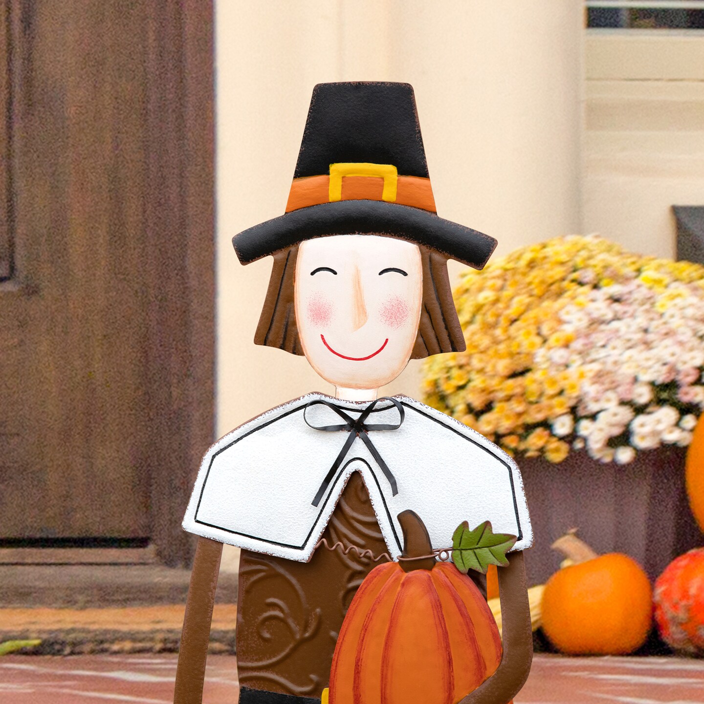 36&#x22;H Metal Boy Thanksgiving Pilgrim Yard Stake, Standing Decor or Hanging Decor (KD, Three function)