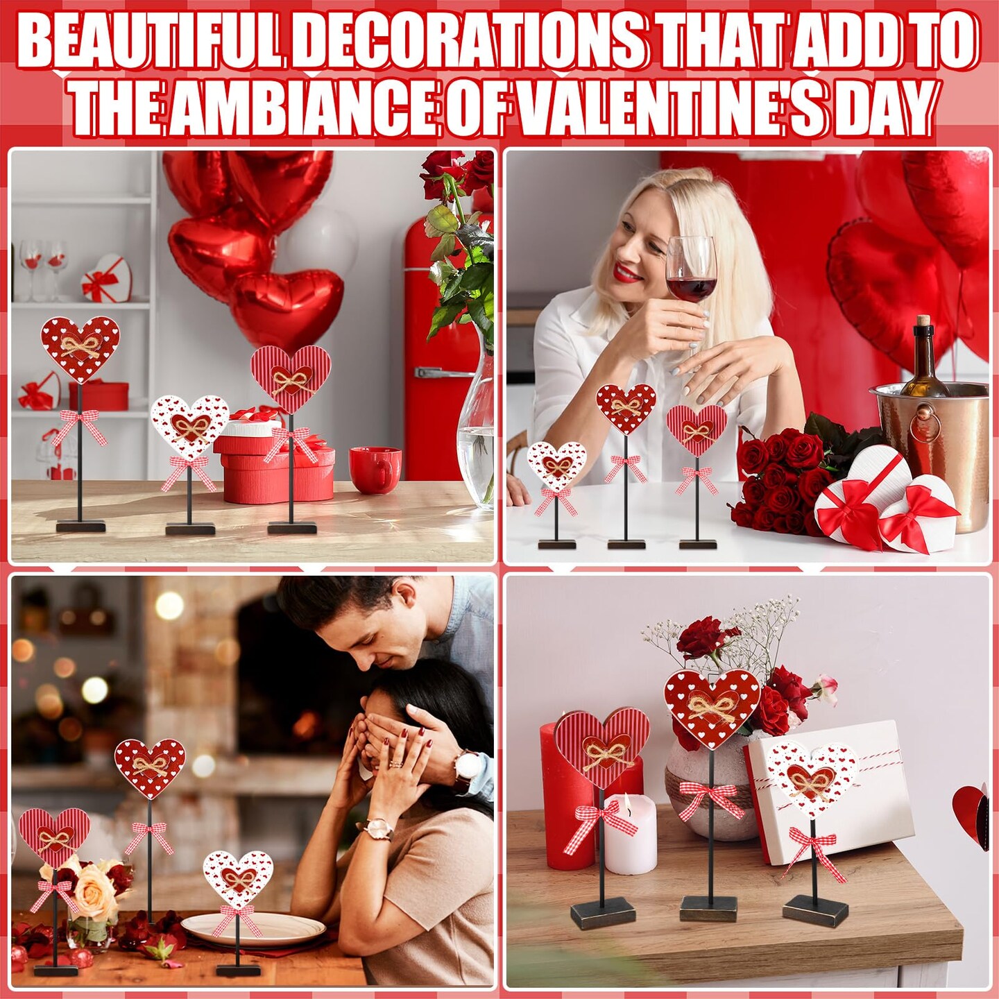3 Pcs Valentine's Day Decoration Heart Wooden Sign Standing Block Love Christian Tables Centerpieces Valentines Decoration Double Printed Table Sign for Wedding Party Favor Supplies(Classic)