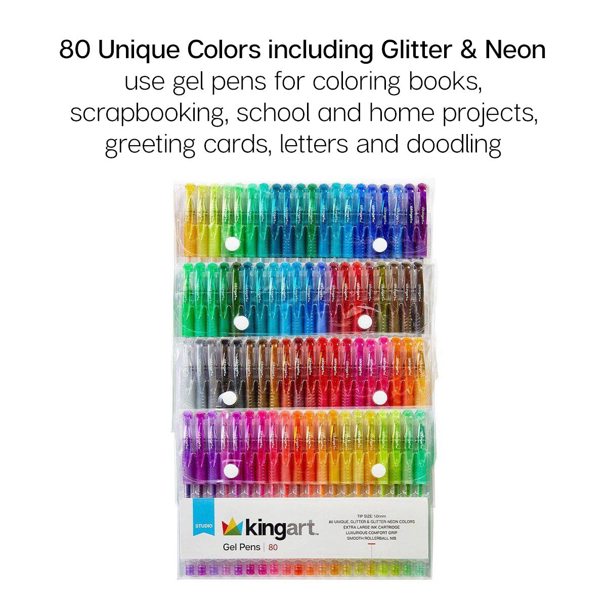 KINGART&#xAE; Soft Grip Glitter Gel Pens, 2.0mm Ink Cartridge, Set of 80 Unique Colors