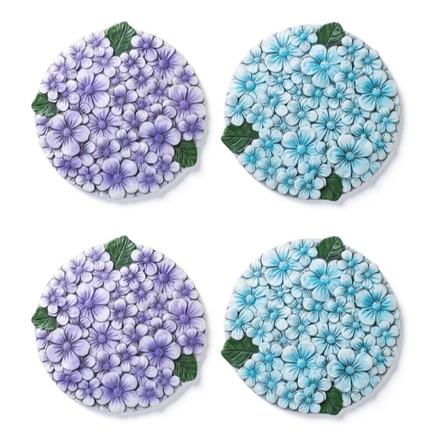 10"D Set of 4 Cement Blue and Purple Hydrangea Textured Stepping Stones