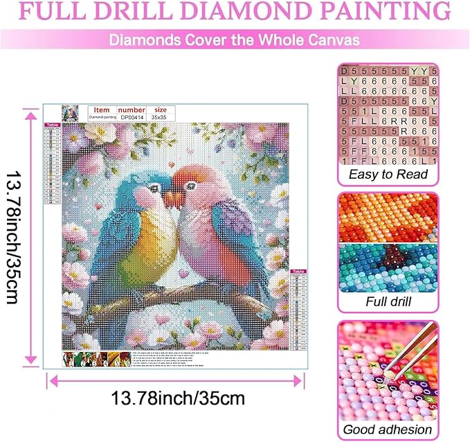 Bird Diamond Art Kits for Adults,5D Two Birds Diamond Painting DIY Animal Diamond Art Diamond Painting Kits for Adult,Round Full Drill Diamonds, Diamond Art Kits for Home Decor-14x14inch