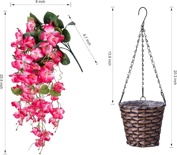 Artificial Fake Hanging Hibiscus Flowers Plants Baskets for Outdoor Decoration, Faux Silk Hibiscus Long Vines in Planter UV Resistant Realistic Flowers for Outside Porch Patio Home Decor, Pink