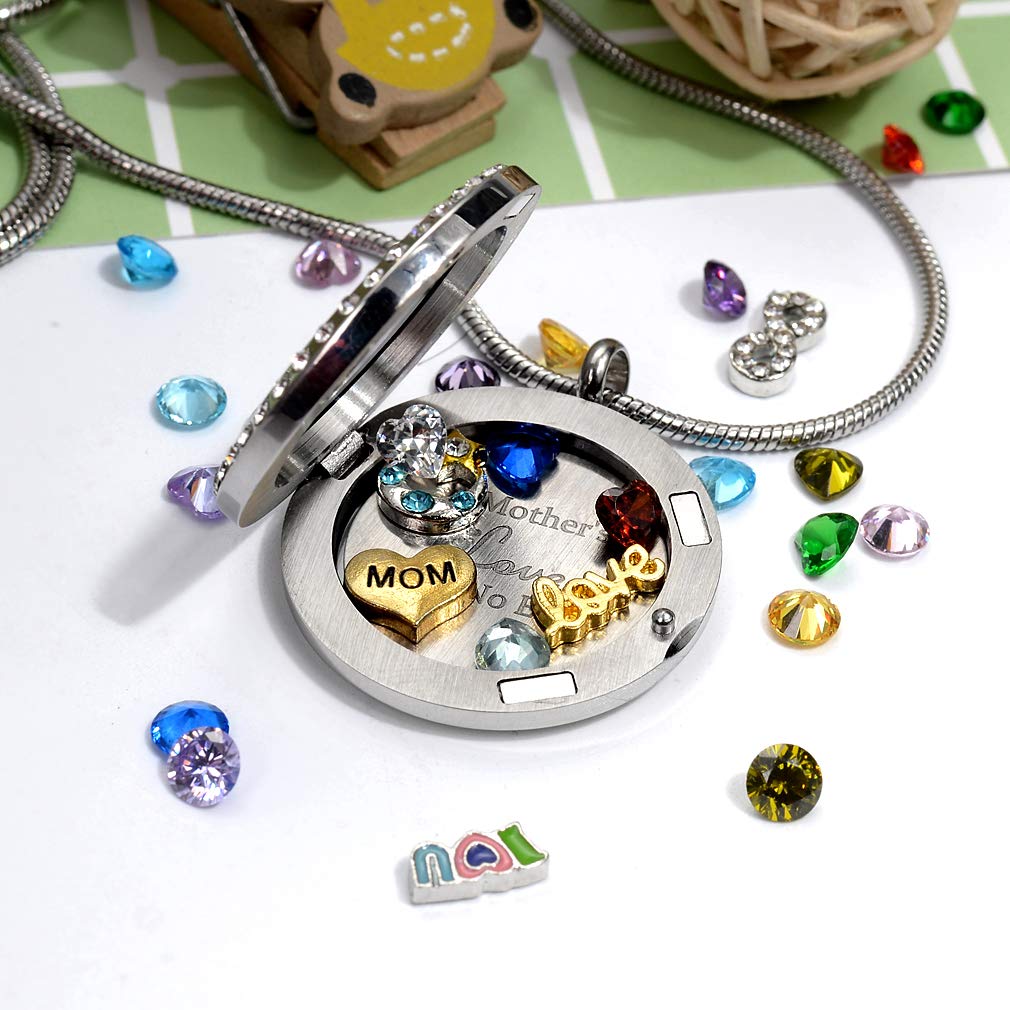 A Mothers Love Has No End Floating Locket Necklace Pendant with Charms & 24PCS Birthstones, Mother's Day Birthday Xmas Gifts