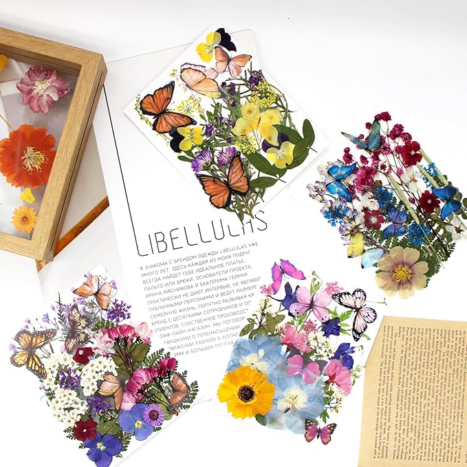 99Pcs Pressed Dried Flowers and Butterfly for Resin Molds, Assorted Real Natural Flowers Leaves Stickers for DIY Art Nail Crafts, Jewelry, Candle, Soap Crafts Making