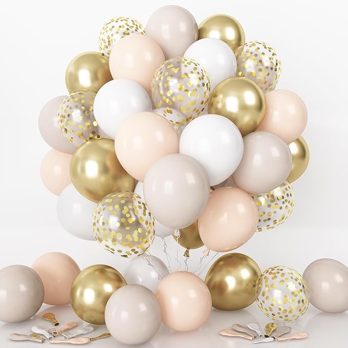 60 Pack Beige, White & Gold Balloons – 12 Inch Sand, Cream & Metallic Gold Confetti Latex Balloons – Neutral Nude Decor for Boho Wedding & Bridal Shower – USA 250th Anniversary Gala & Women’s Birthday Supplies