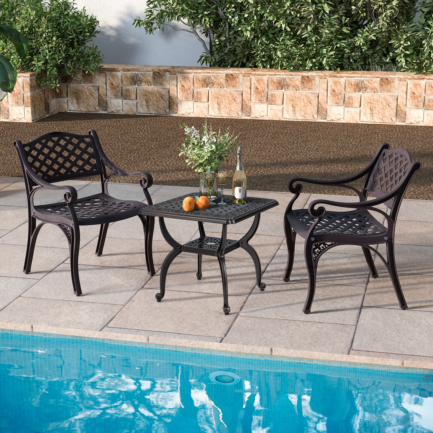 Copper Cast Aluminum Outdoor Side Table Floral Pattern 21 Inch Square Table with Shelf