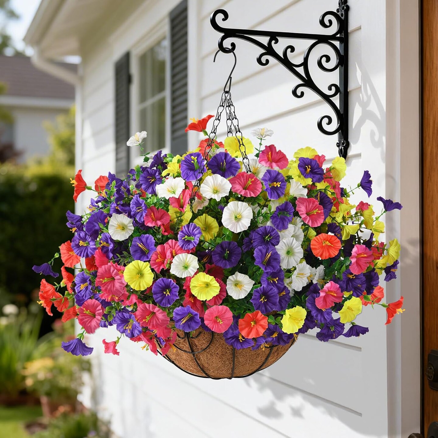 Artificial Hanging Flower Basket – Faux Petunias & Silk Morning Glory Plants for Outdoor Porch, Patio, Balcony, Garden, Spring & Summer Décor (Color Blending)