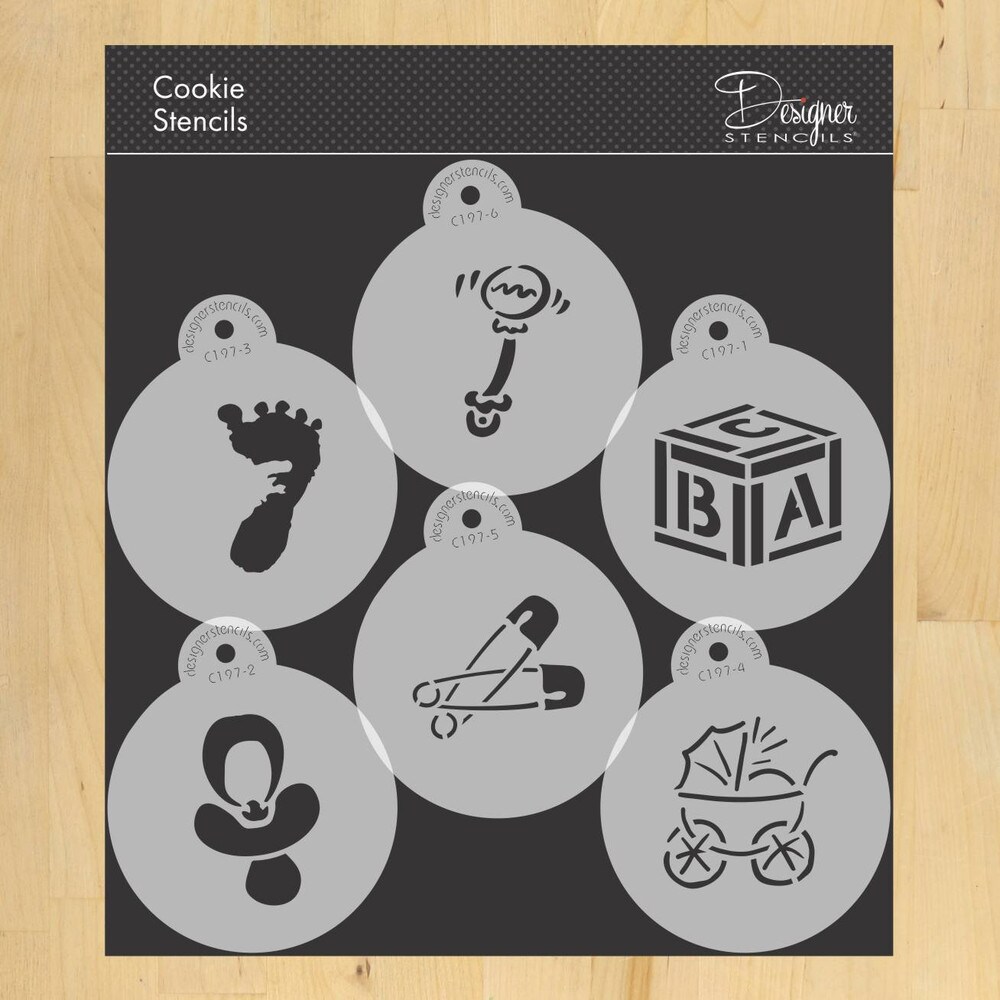 3-Inch Large Baby Cookie &#x26; Cupcake Stencils: Baby Carriage, Rattle, Pacifier, Block, Diaper Pins, Footprint | C197 by Designer Stencils | Cookie Decorating Tools | Baking Stencils for Royal Icing, Airbrush | Reusable Food Grade Stencil