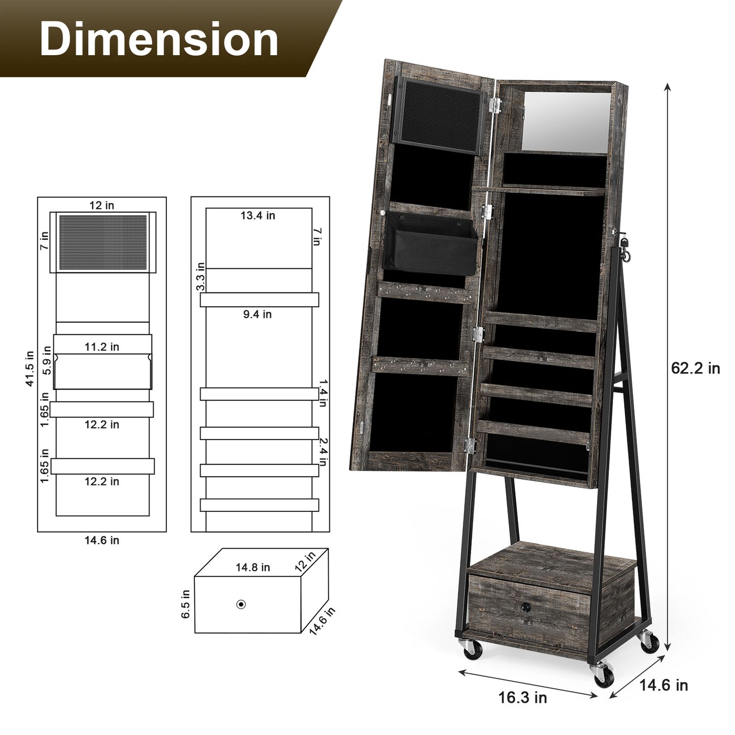 Rustic Lockable Full Length Mirror Jewelry Armoire, Rolling Freestanding Makeup Jewelry Storage Cabinet with Large Drawer