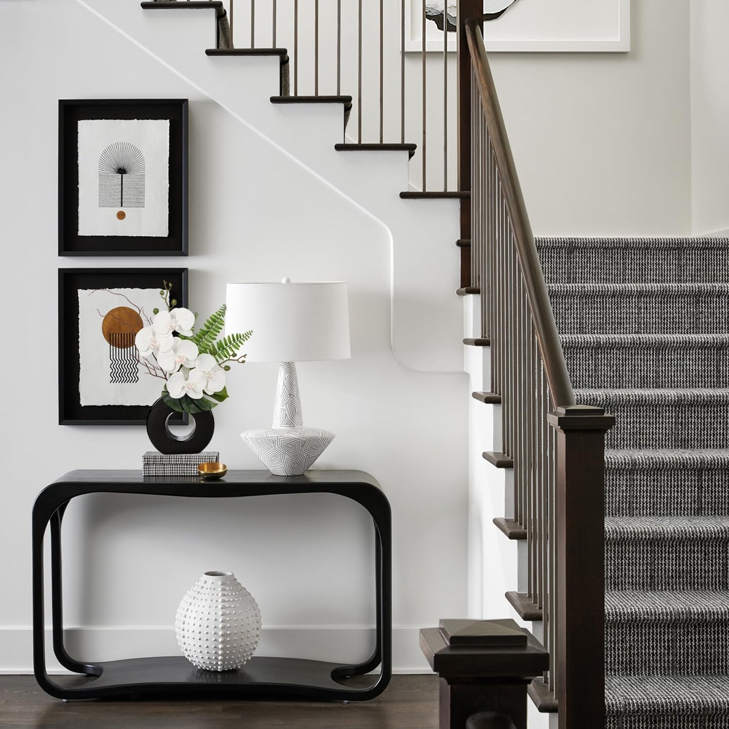 Orchid Fake Flowers 16.1'' White Artificial Orchid Silk Flowers in Black Pot Faux Orchid Arrangement for Home Office Desk Modern Decoration