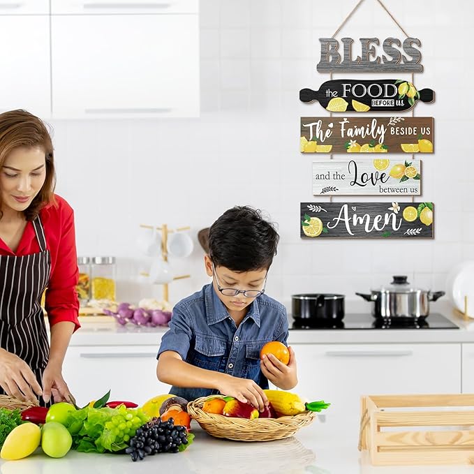 5 Pieces Kitchen Wall Decor Bless the Food Before Us Sign Farmhouse Rustic Dining Room Wall Art Wooden Hanging Signs for Kitchen Decor Hanging Plaque for Home(Lemon)