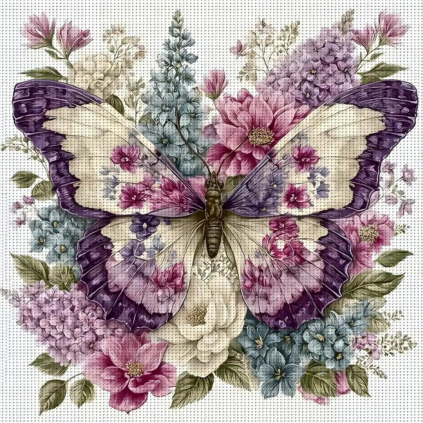 Butterfly & Floral Stamped Cross Stitch Kit for Adults – 11CT Beginner Needlepoint Embroidery Set with Pre-Printed Fabric, Threads & Needles, DIY Craft Art for Home Wall Décor Gift, 14x14 Inch