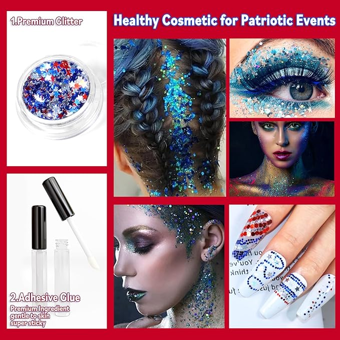Chunky Body Glitter 4 Colors Cosmetic Patriotic Face Glitter Independence Day Hair Sequins Sparkle Veterans Day Eye Flakes 4th of July Accessories for Olympics Party Women Face Paint Makeup