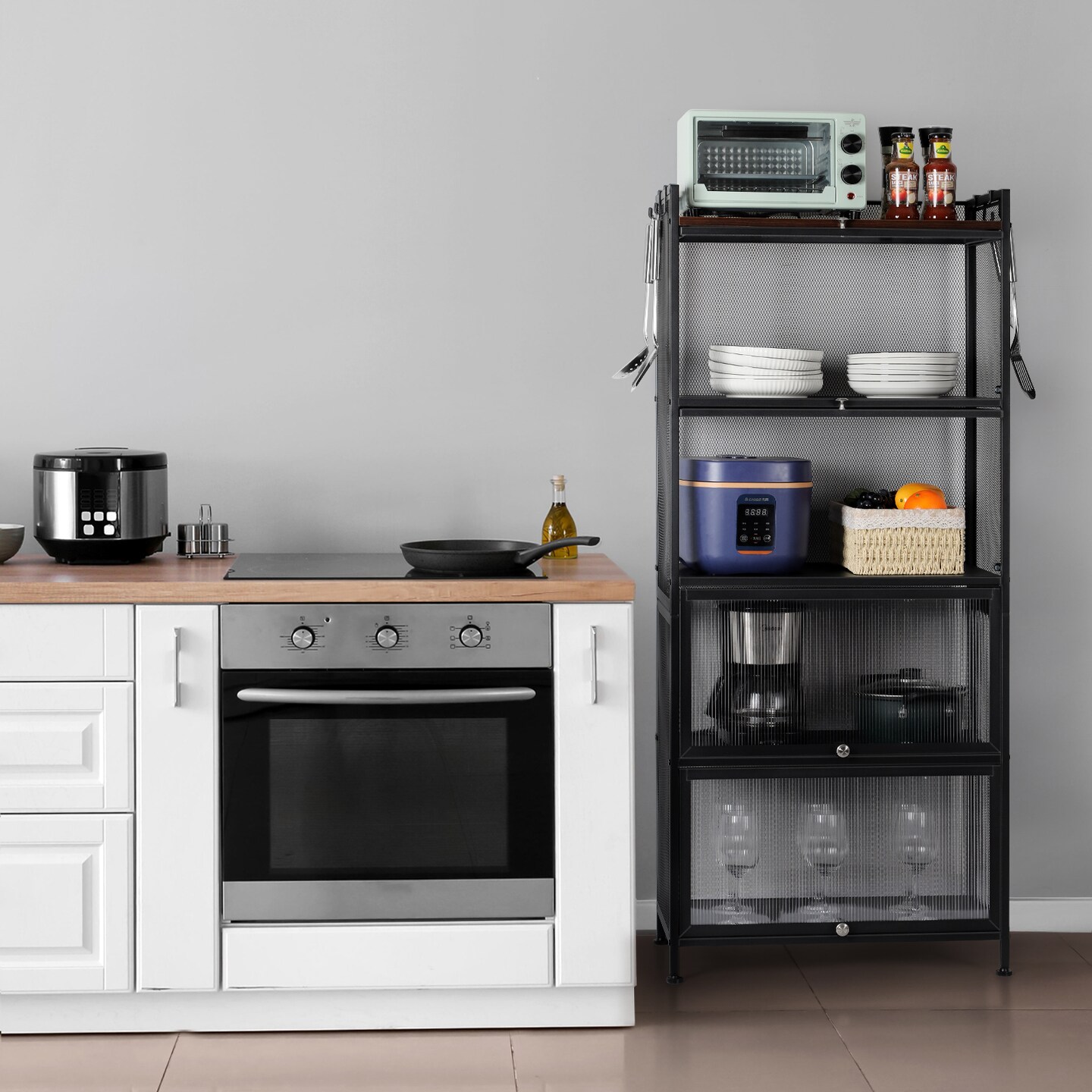 5-Tier Freestanding Kitchen Pantry Cabinet, Metal Mesh Storage Organizer with Glass Doors