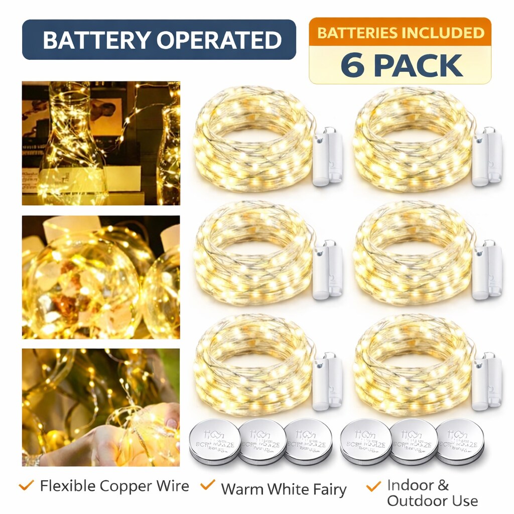 6 pack 30 LED Warm White Battery Operated Fairy Lights 10'Long | Batteries Included | Great for Mason Jars, Holiday Projects etc
