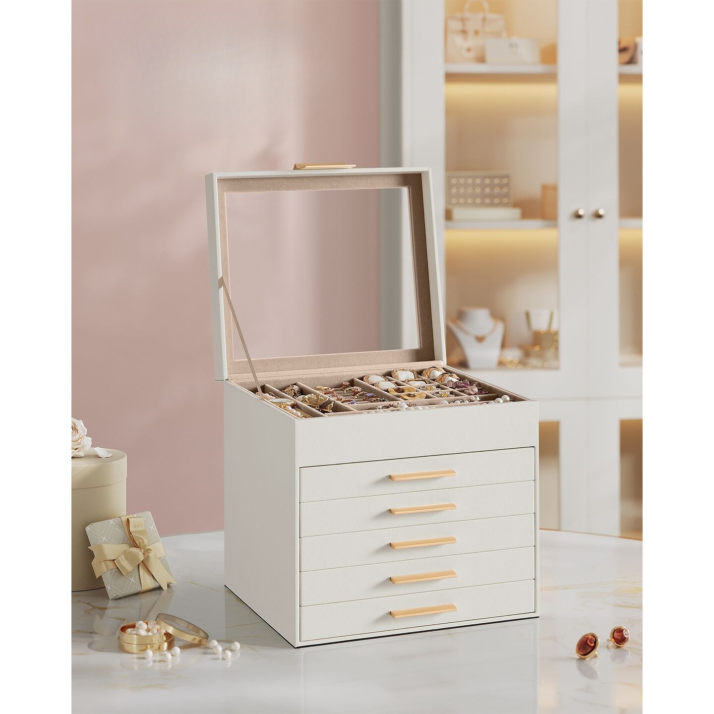 Compact Vertical Jewelry Storage Box for Rings, Necklaces, Bracelets, Earrings & Accessories Organizer with Multi-Layer Space-Saving Design