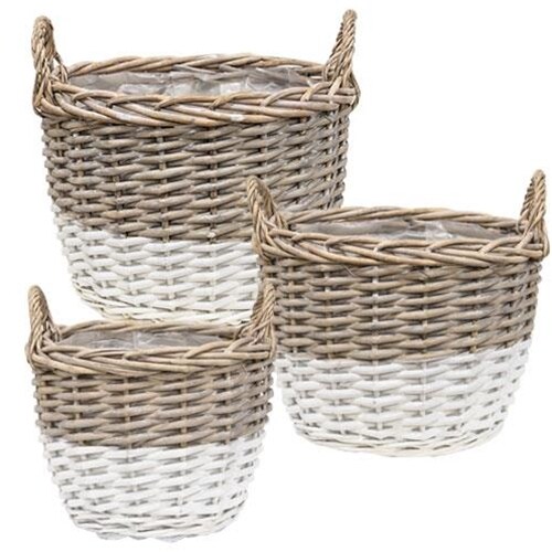 Woven Willow Basket with Handles, White Finish Storage Planters Set of 3