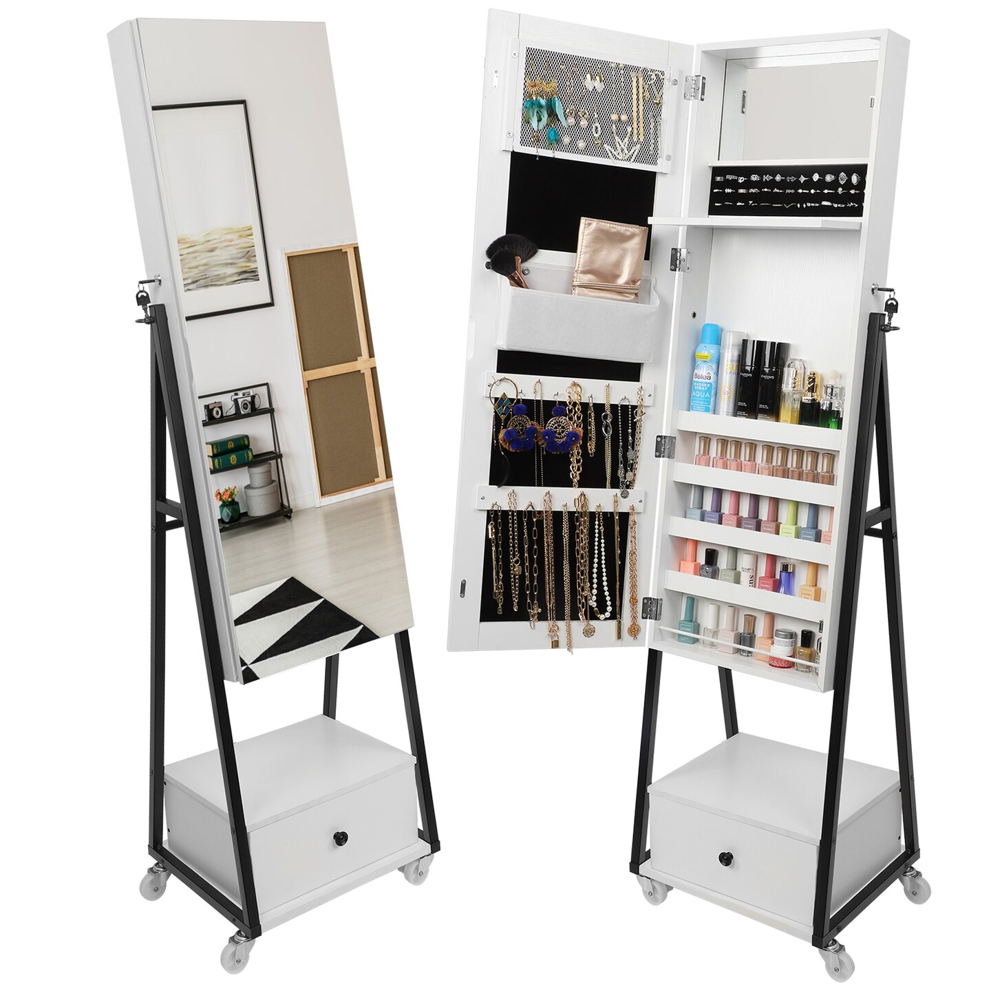 Lockable Full Length Mirror Jewelry Cabinet, Rolling Standing Makeup Jewelry Storage Organizer with Full Body Mirror & Drawer