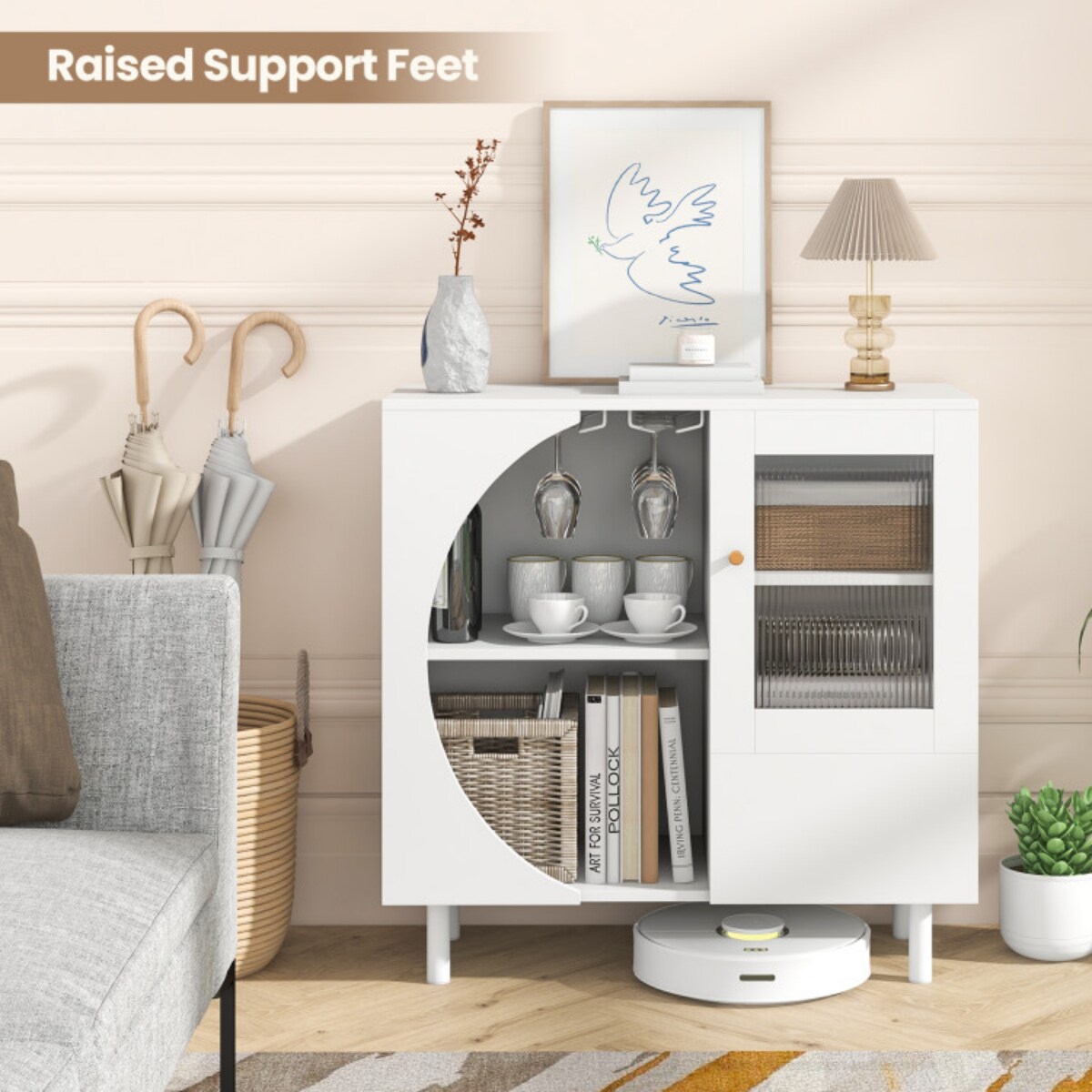White Sideboard Cabinet with Tempered Glass Door Wine Rack Drawer Storage Unit