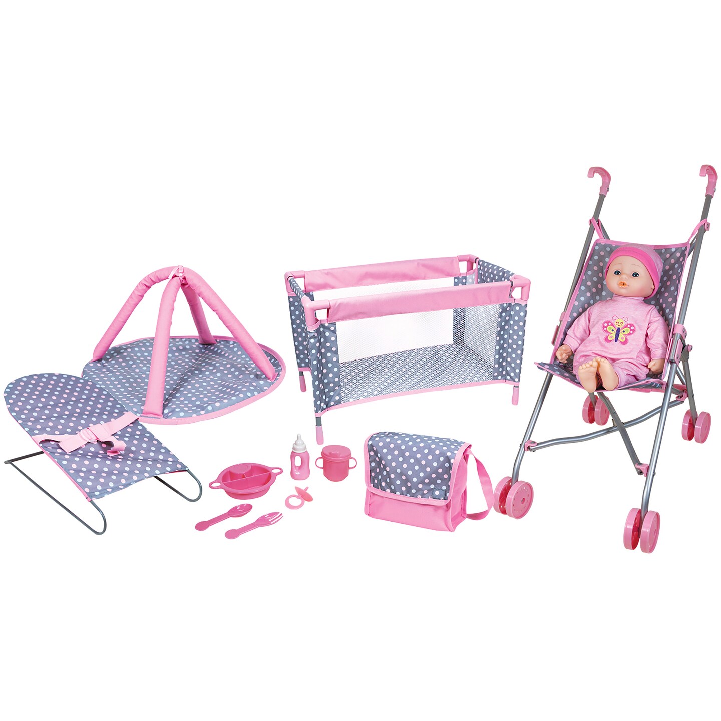 Lissi: 16" Baby Doll Playset - Pink-Blue-Polka Dot - Umbrella Stroller, Travel Bed, Playpen, Bouncer, Handbag, Toy Care Accessories, Kids-Toddlers 2+