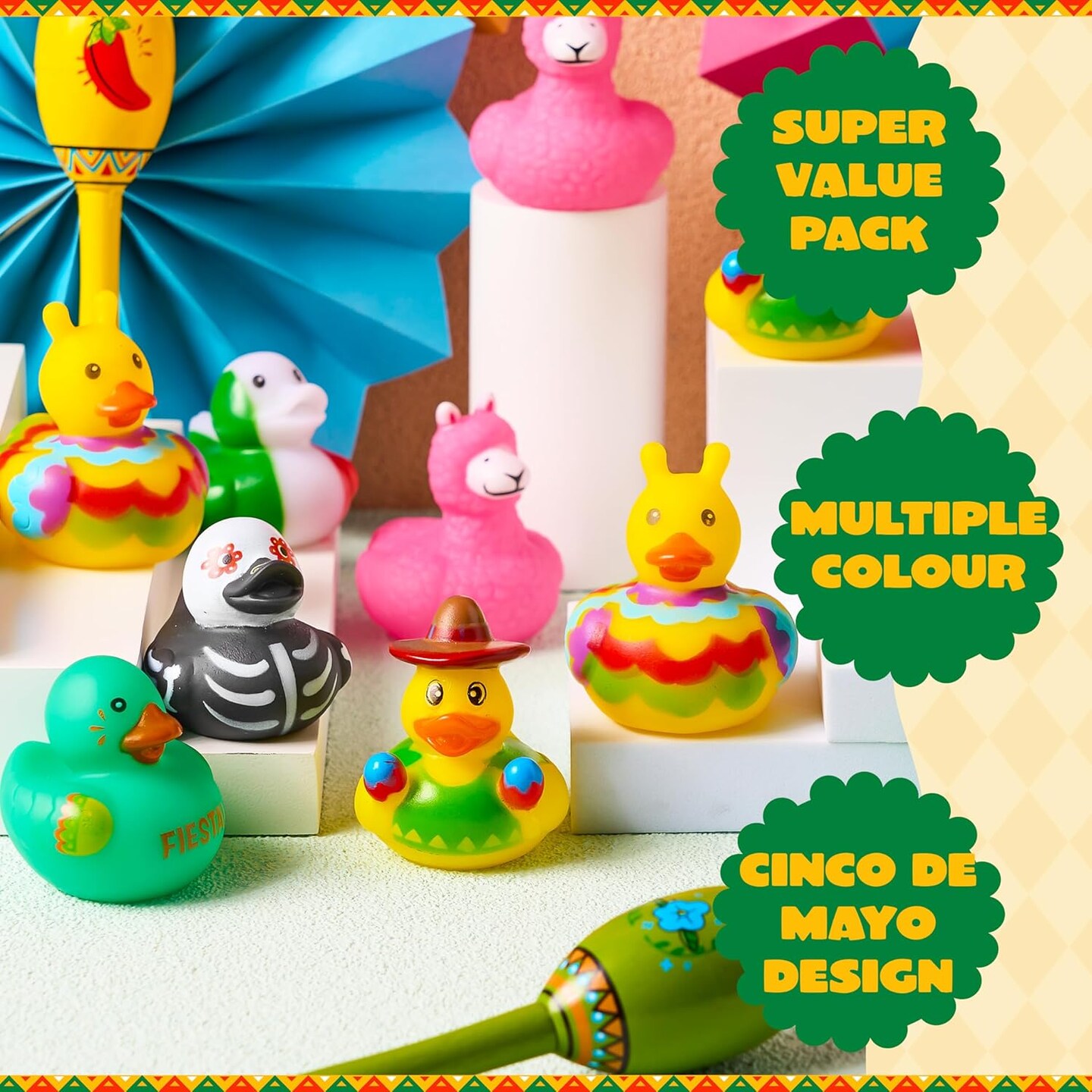 24 Pcs Mexican Fiesta Rubber Ducks – Colorful Maraca Cinco de Mayo Duck Party Favors – Mini Bath Toys for Baby Shower, Gifts, Dress-Up Play & Fiesta Party Decorations – Perfect for Mother's Day Card Making Displays
