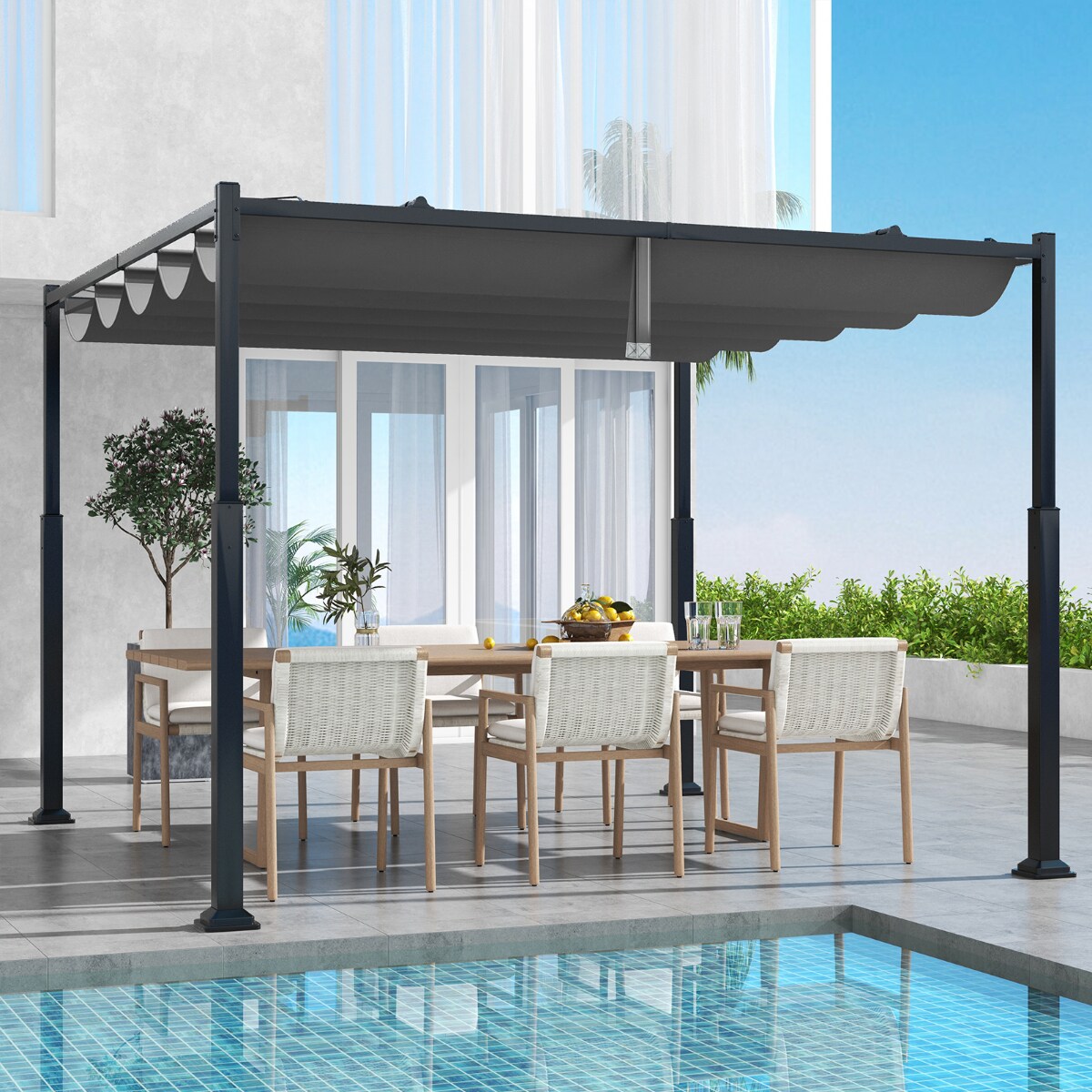 Backyard Pavilion with Weather-Resistant Fabric and Sturdy Columns